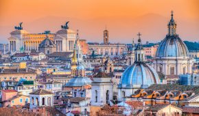 Wonderful view of Rome skyline at sunset, Italy